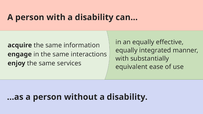 A person with a disability can acquire the same information, engage in the same interactions, and enjoy the same services in an equally effective integrated manner, with substantially equivalent ease of use as a person without disability.