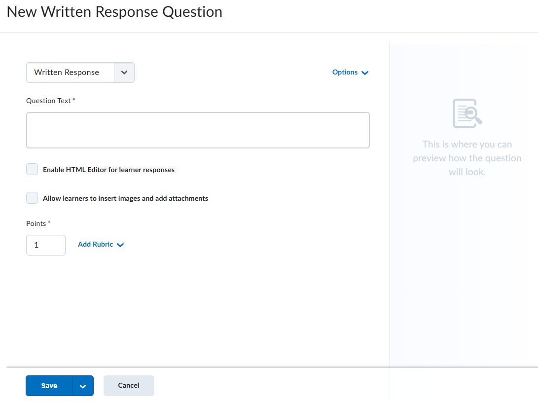 A screen shot of the create written response window